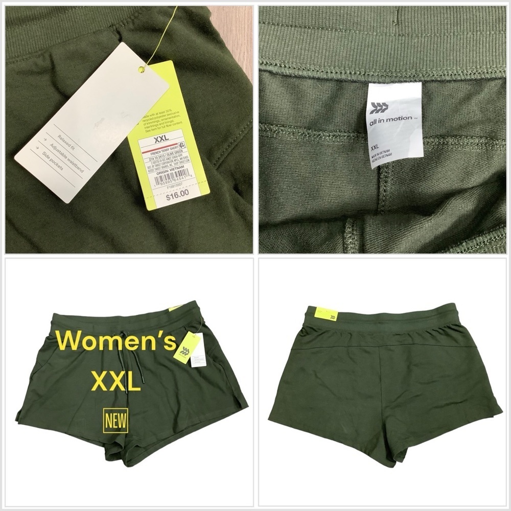 Women's All in Motion XXL Shorts Active Olive French Terry Pockets Stretch NWT